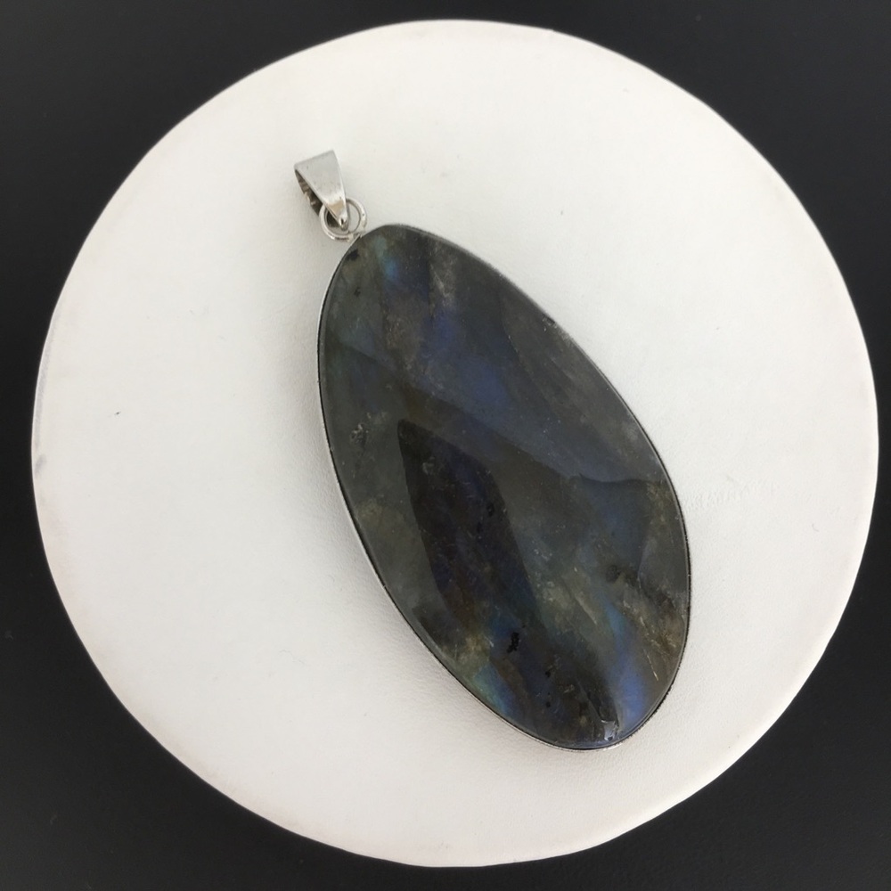 Labradorite Blue Green Flash Large Pendant Oval Natural Stone Silver Metal Wrap - Picture 12 of 14